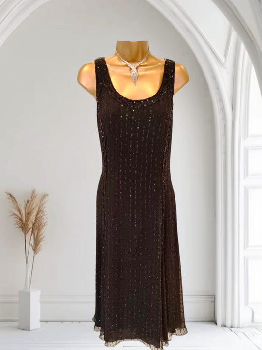 Caroline Charles Vintage Black Silk Sequin Dress & Bolero UK 16 US 12 EU 44 IT 48 Timeless Fashions