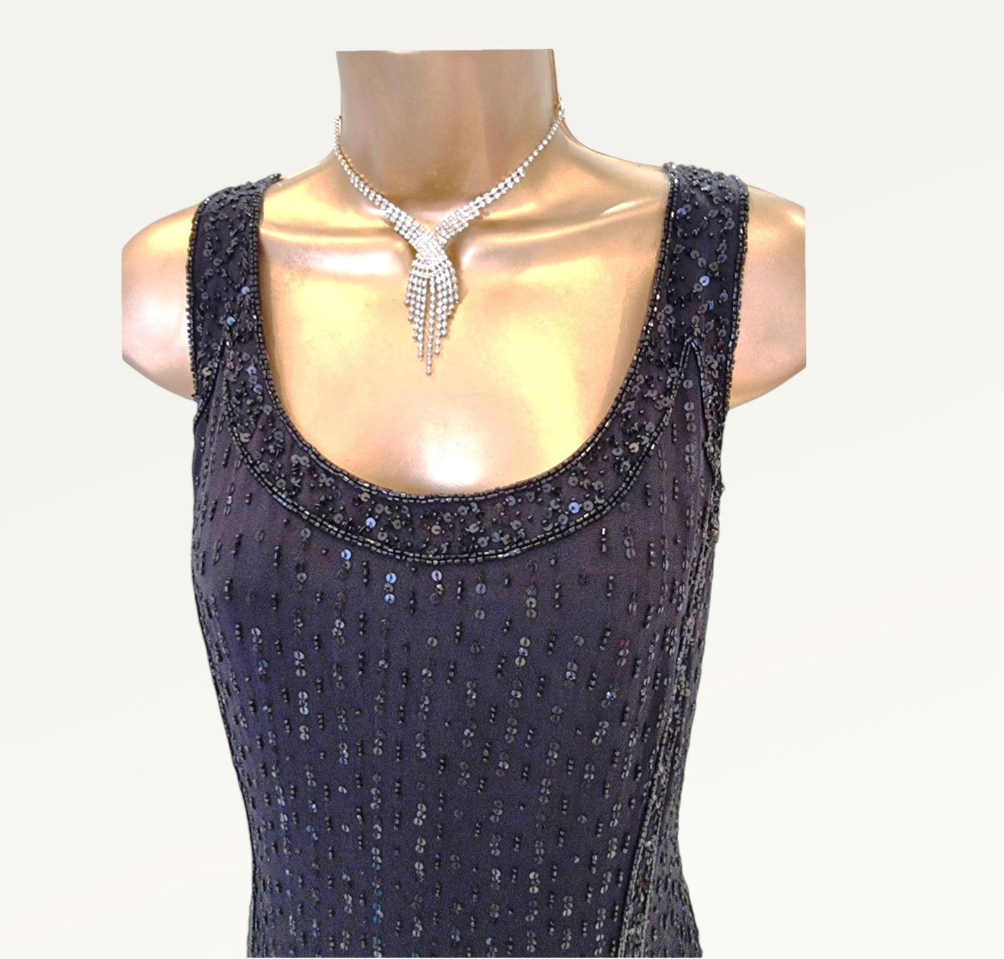 Caroline Charles Vintage Black Silk Sequin Dress & Bolero UK 16 US 12 EU 44 IT 48 Timeless Fashions
