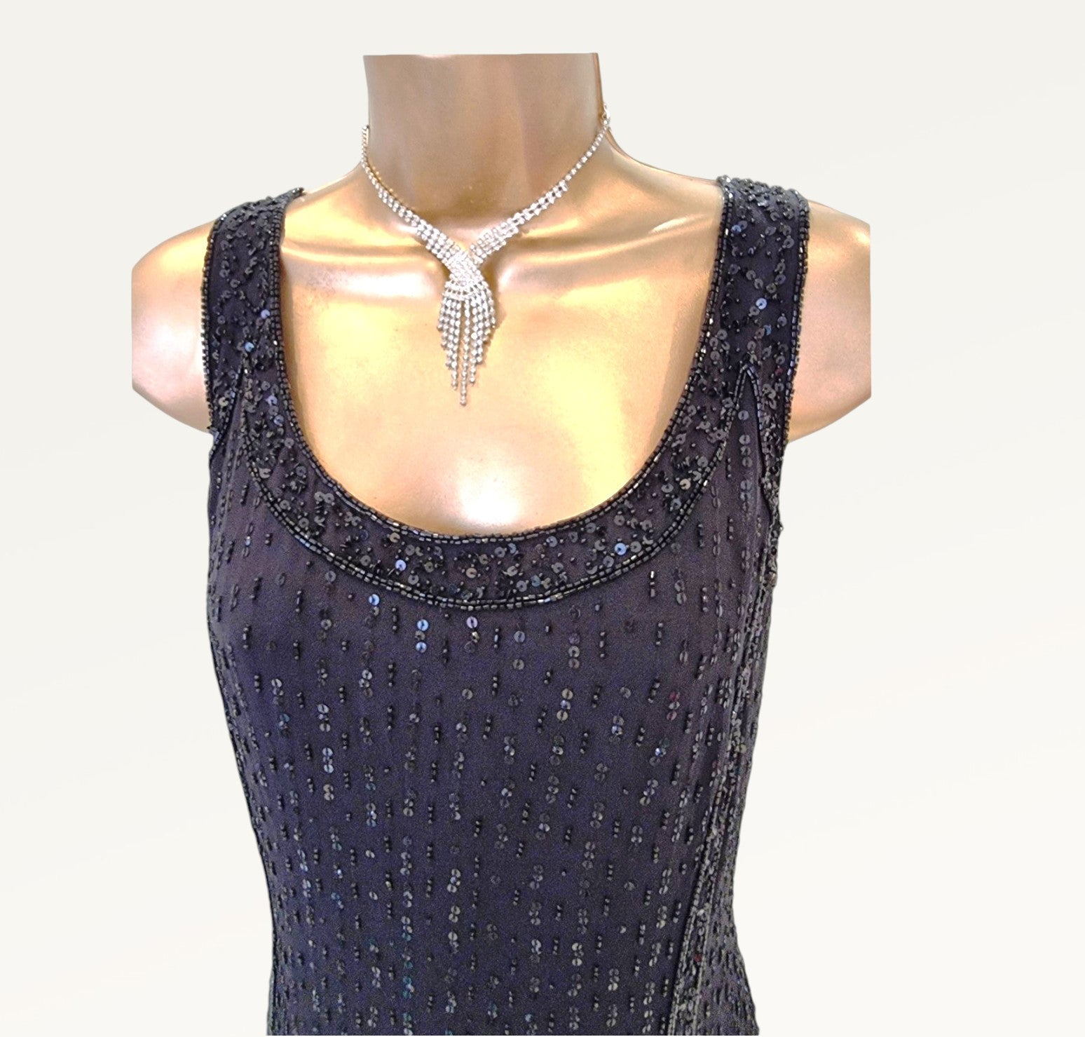 Caroline Charles Vintage Black Silk Sequin Dress & Bolero UK 16 US 12 EU 44 IT 48 Timeless Fashions