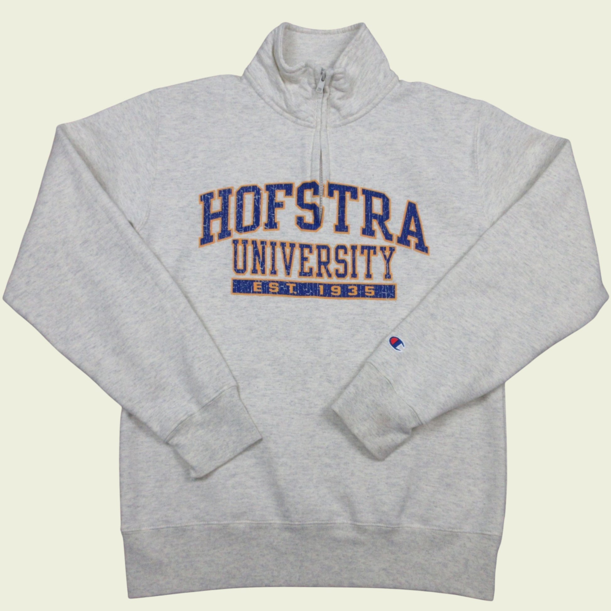 Gray sweatshirt with 'Hofstra University' text on a beige background