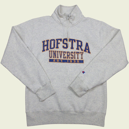 Gray sweatshirt with 'Hofstra University' text on a beige background