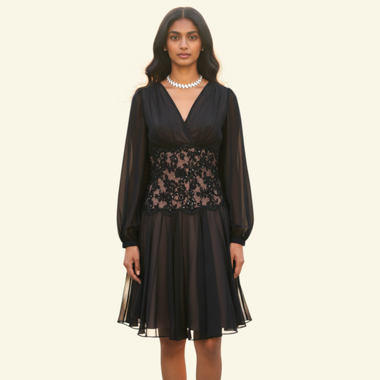 A woman modeling a black long-sleeve midi dress with a sheer lace waist panel, photographed against a plain light beige studio background.