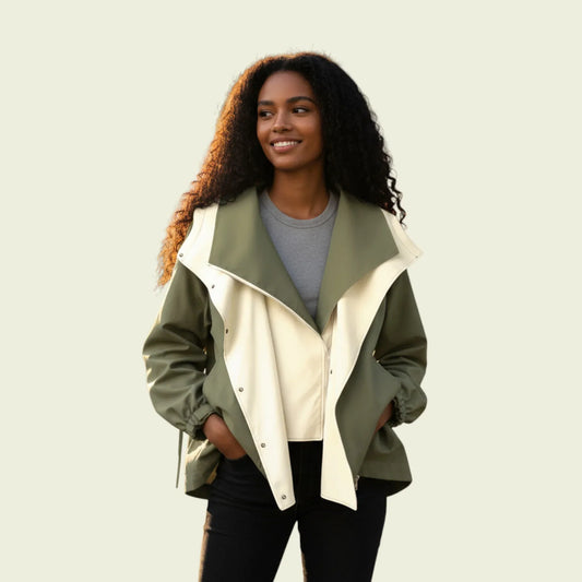 A woman with long curly hair wearing a color-blocked jacket with olive green and cream panels, a gray t-shirt, and black pants, set against a solid light beige background.
