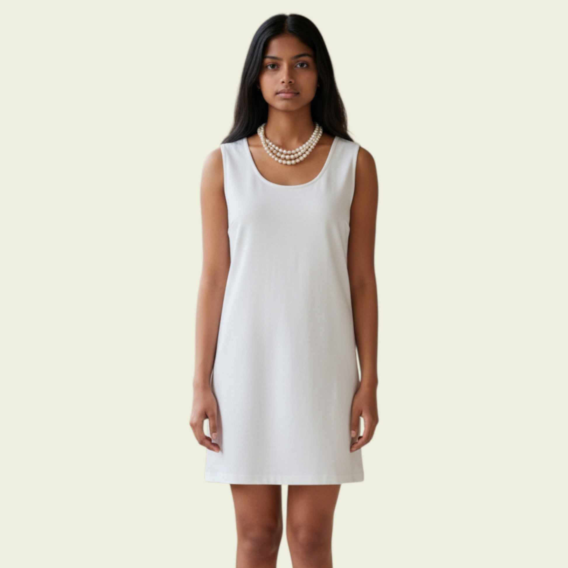 Model wearing a cream mini dress on a beige background