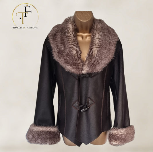 Chamonix Brown Faux Leather Fur Collar Jacket UK 4 US 0 EU 32 Timeless Fashions