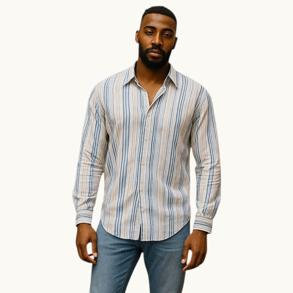 Model wearing a Ted Baker Mens Blue & White Stripe Cotton Shirt UK L - Timelessfashions