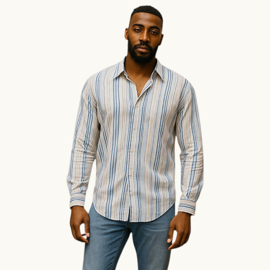 Model wearing a Ted Baker Mens Blue & White Stripe Cotton Shirt UK L - Timelessfashions