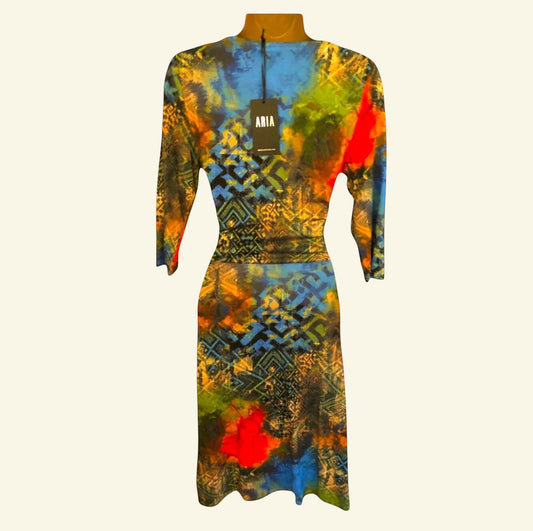 Aria Multicoloured 3/4 Sleeve Dress UK 14 US 10 EU 42 - Timelessfashions
