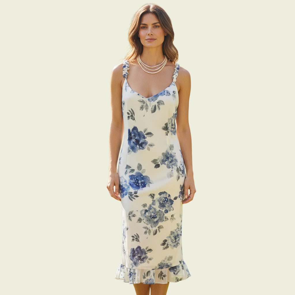 Woman wearing a floral dress against a plain background