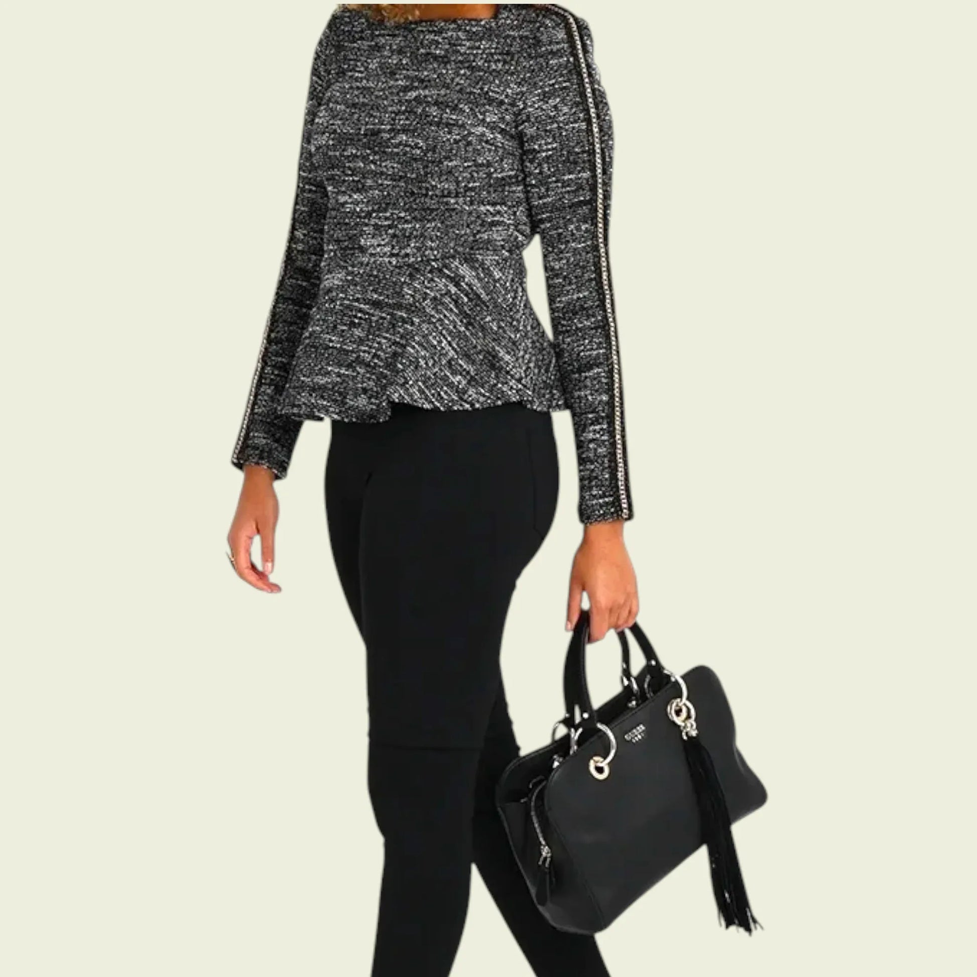 Guess Black & White Chain Detail Peplum Top UK 6 US 2 EU 34 - Timelessfashions