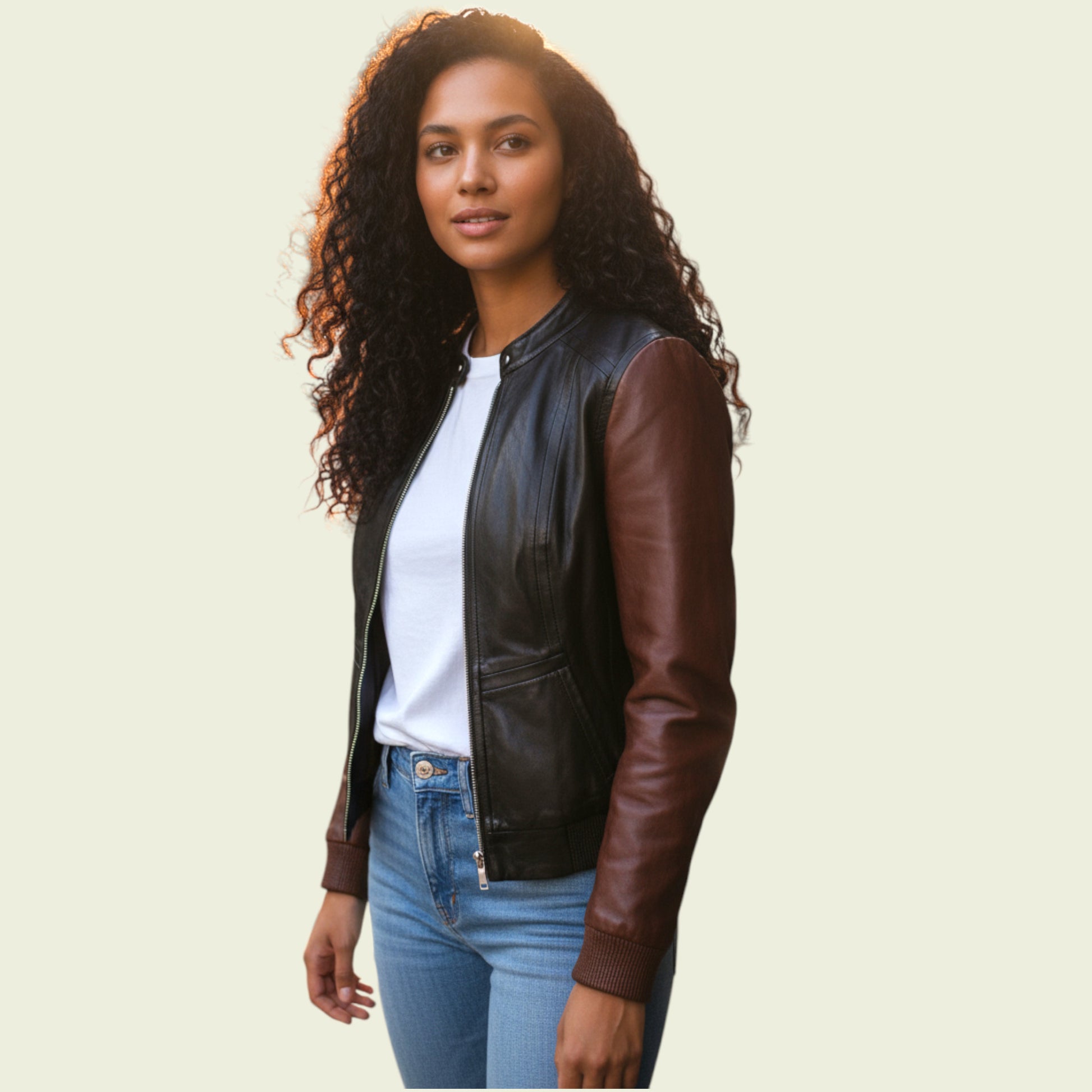 Woman wearing a black and brown leather jacket on a beige background