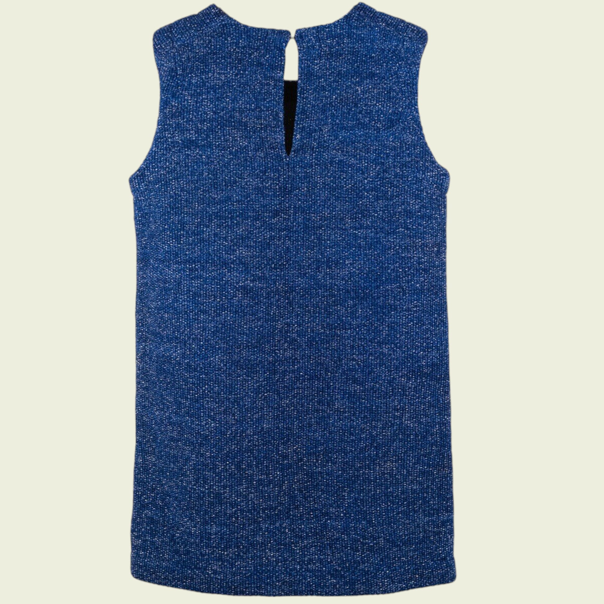 Blue sleeveless dress on a beige background