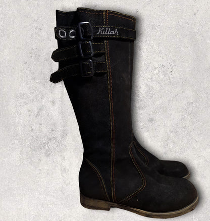 Killah Calf Length Black Suede Biker Style Boots UK 7 US 9.5 EU 41 Timeless Fashions