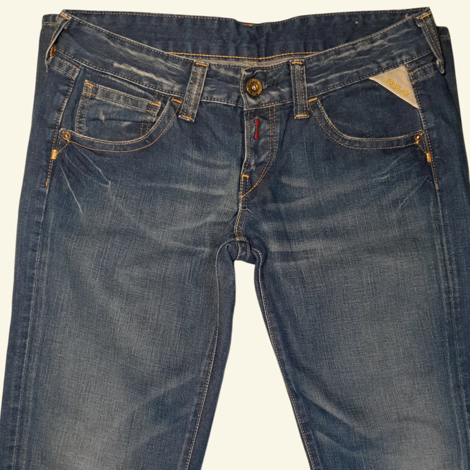 REPLAY Ladies Blue Jeans Gem Pockets Button Fly Low Rise W30" L34" - Timelessfashions
