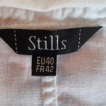 STILLS Womens White Linen & Satin Ruffle Blouse UK 12 US 8 EU 40 - Timelessfashions