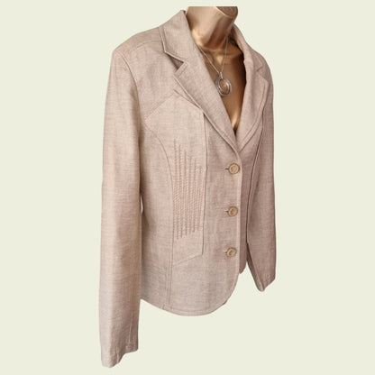 Beige blazer on a mannequin against a beige background