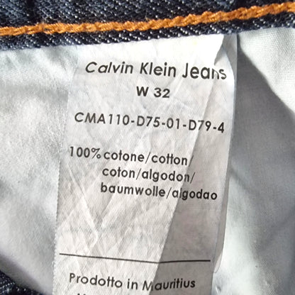 Calvin Klein Jeans label on a garment with size W32 and material information.