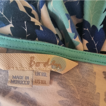 Close-up of a Boden label on a garment with floral pattern