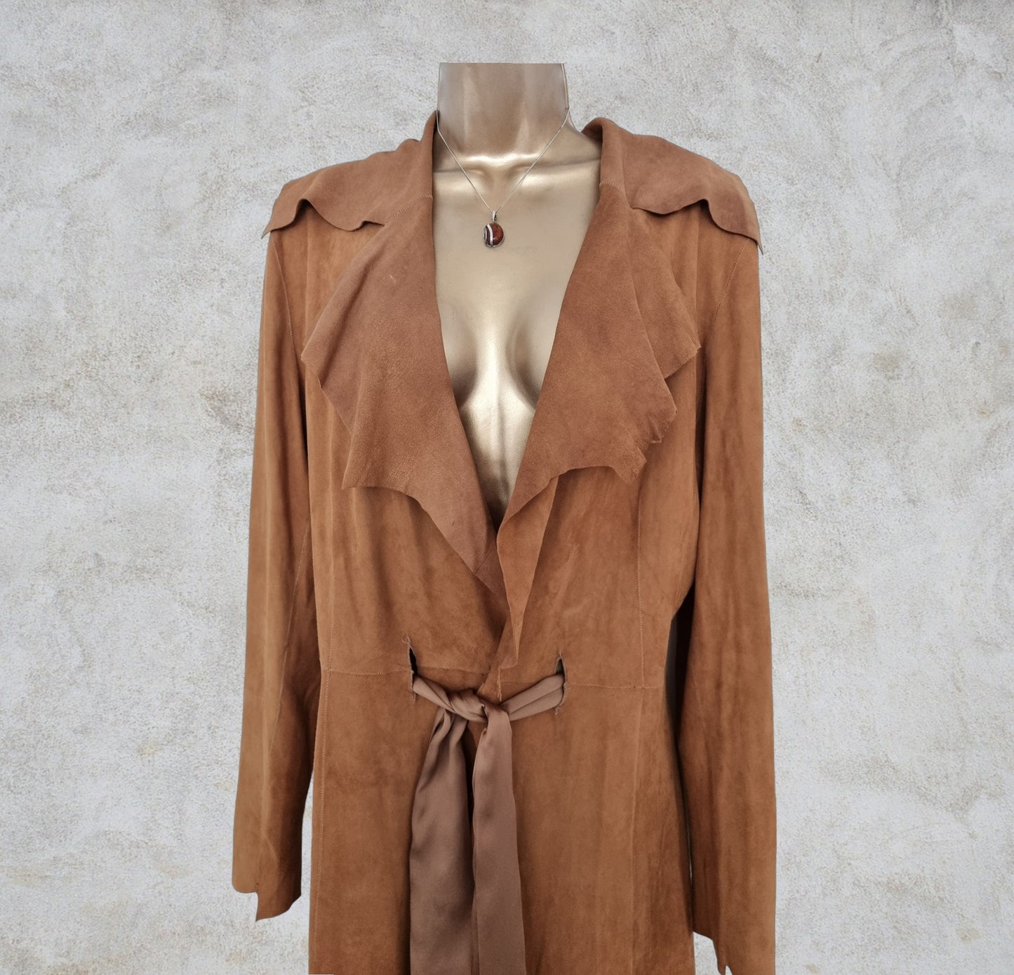 Genuine Real Leather Vintage Long Tan Suede Belted Coat. UK 16 US 12 EU 44 Timeless Fashions