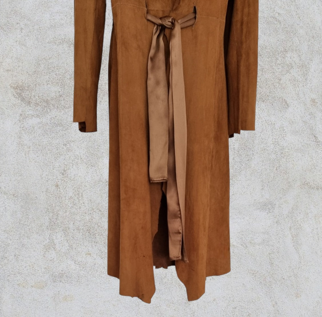 Genuine Real Leather Vintage Long Tan Suede Belted Coat. UK 16 US 12 EU 44 Timeless Fashions