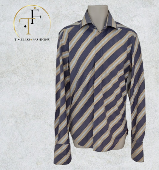 Mulberry Mens Grey, Beige & Cream Striped Long Sleeve Shirt Size 16/41 Timeless Fashions