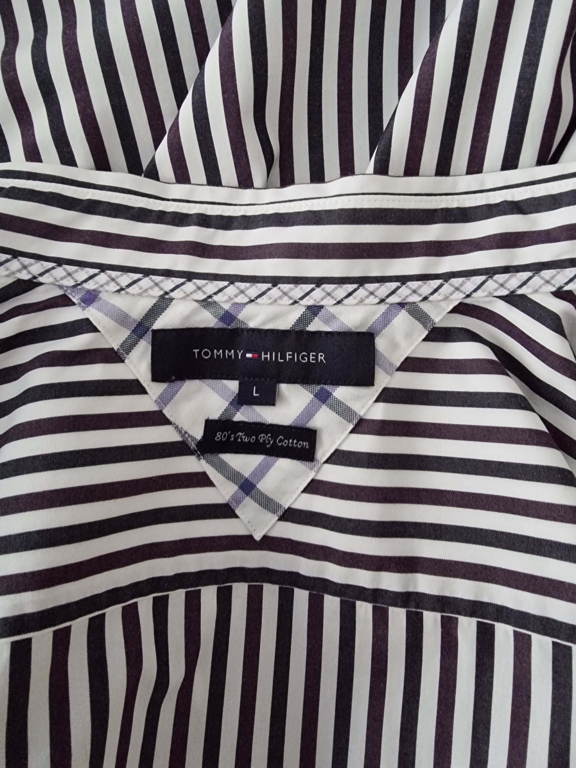 Tommy Hilfiger Mens Navy, Purple and White Stripe Long Sleeve Shirt UK L Timeless Fashions
