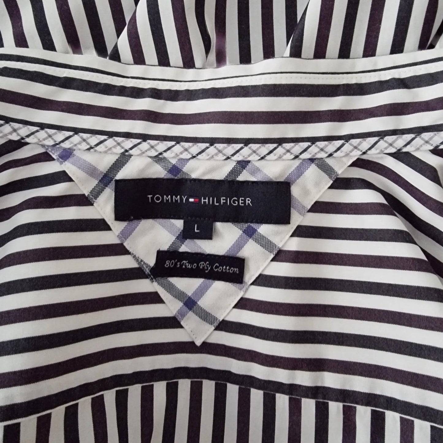 Tommy Hilfiger Mens Navy, Purple and White Stripe Long Sleeve Shirt UK L - Timelessfashions