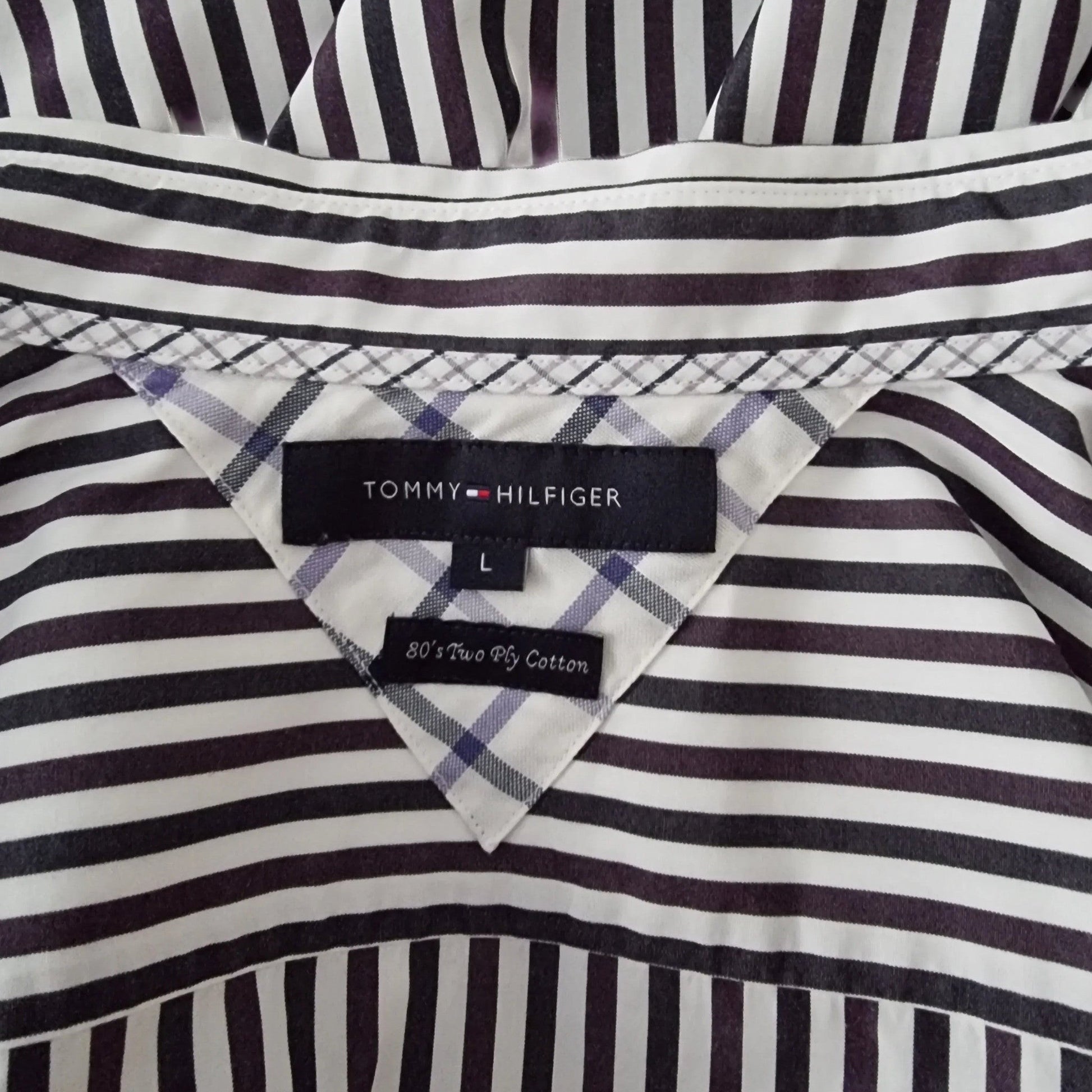 Tommy Hilfiger Mens Navy, Purple and White Stripe Long Sleeve Shirt UK L - Timelessfashions