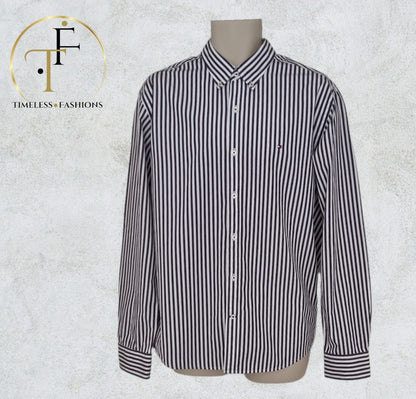 Tommy Hilfiger Mens Navy, Purple and White Stripe Long Sleeve Shirt UK L Timeless Fashions