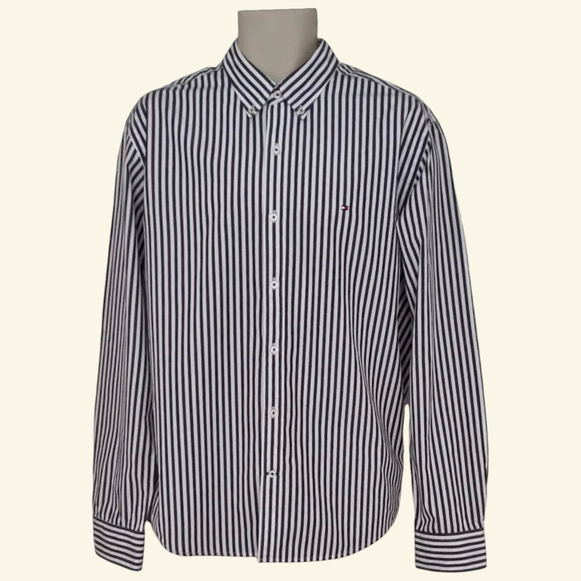 Tommy Hilfiger Mens Navy, Purple and White Stripe Long Sleeve Shirt UK L - Timelessfashions