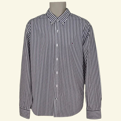 Tommy Hilfiger Mens Navy, Purple and White Stripe Long Sleeve Shirt UK L - Timelessfashions