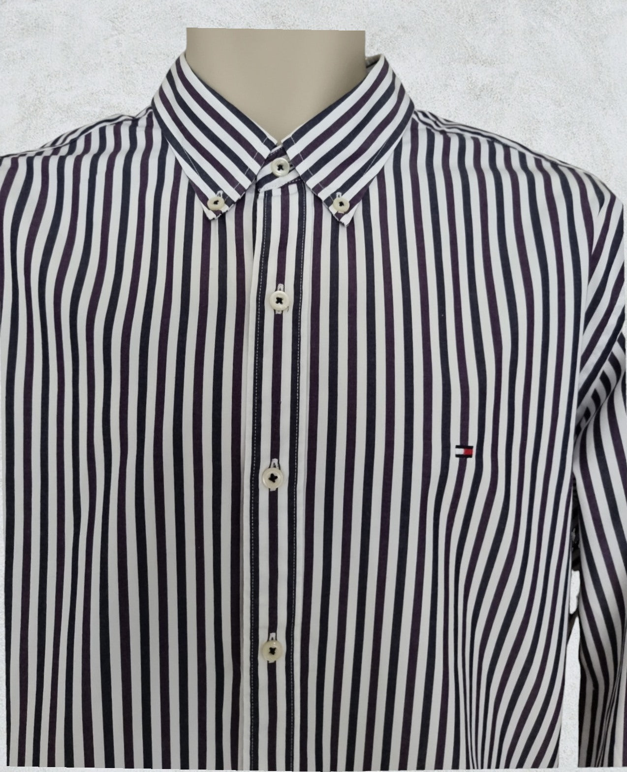 Tommy Hilfiger Mens Navy, Purple and White Stripe Long Sleeve Shirt UK L Timeless Fashions