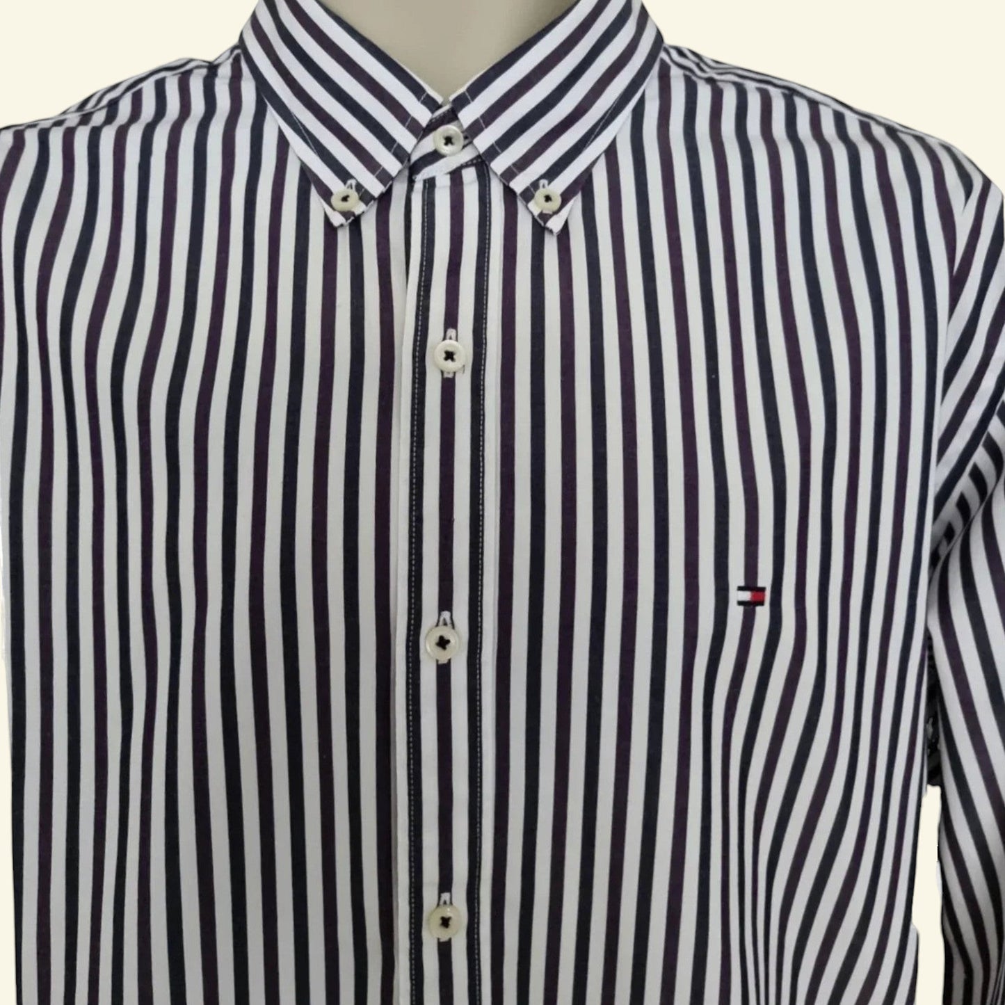 Tommy Hilfiger Mens Navy, Purple and White Stripe Long Sleeve Shirt UK L - Timelessfashions
