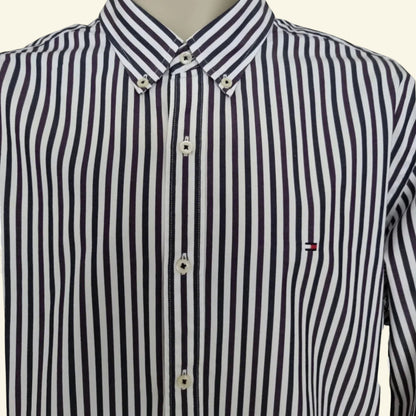 Tommy Hilfiger Mens Navy, Purple and White Stripe Long Sleeve Shirt UK L - Timelessfashions