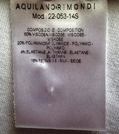 Fabric label with Aquilano Rimondi branding and material composition details on a textured fabric background.