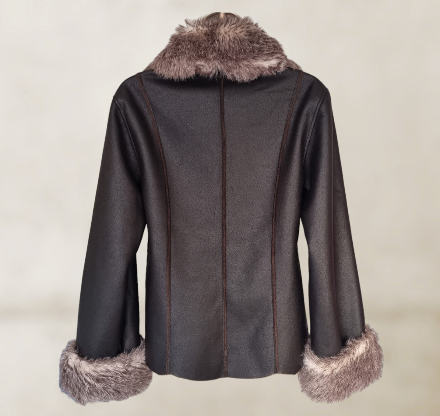 Chamonix Brown Faux Leather Fur Collar Jacket UK 4 US 0 EU 32 Timeless Fashions