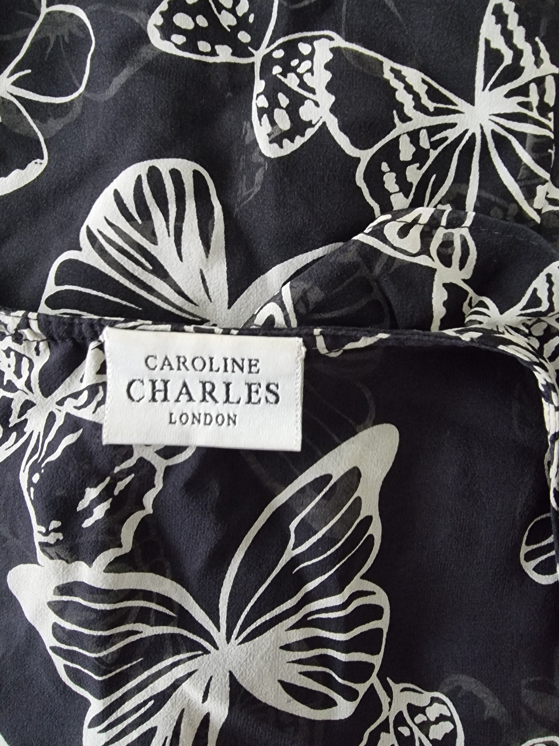 Caroline Charles Vintage Black & White Butterfly Ruffle Silk Blouse UK 16 US 12 EU 44 Timeless Fashions