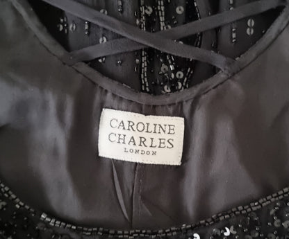 Caroline Charles Vintage Black Silk Sequin Dress & Bolero UK 16 US 12 EU 44 IT 48 Timeless Fashions
