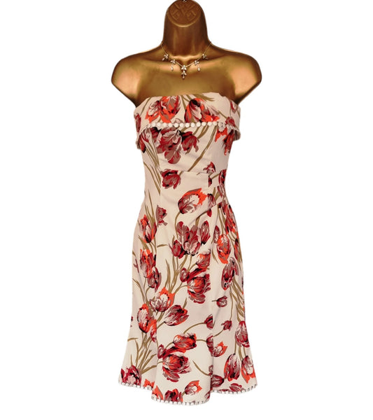 Karen Millen Vintage Ivory Coral Tulip Flower Print Chelsy Corset Dress UK 8 US 4 EU 36 Timeless Fashions
