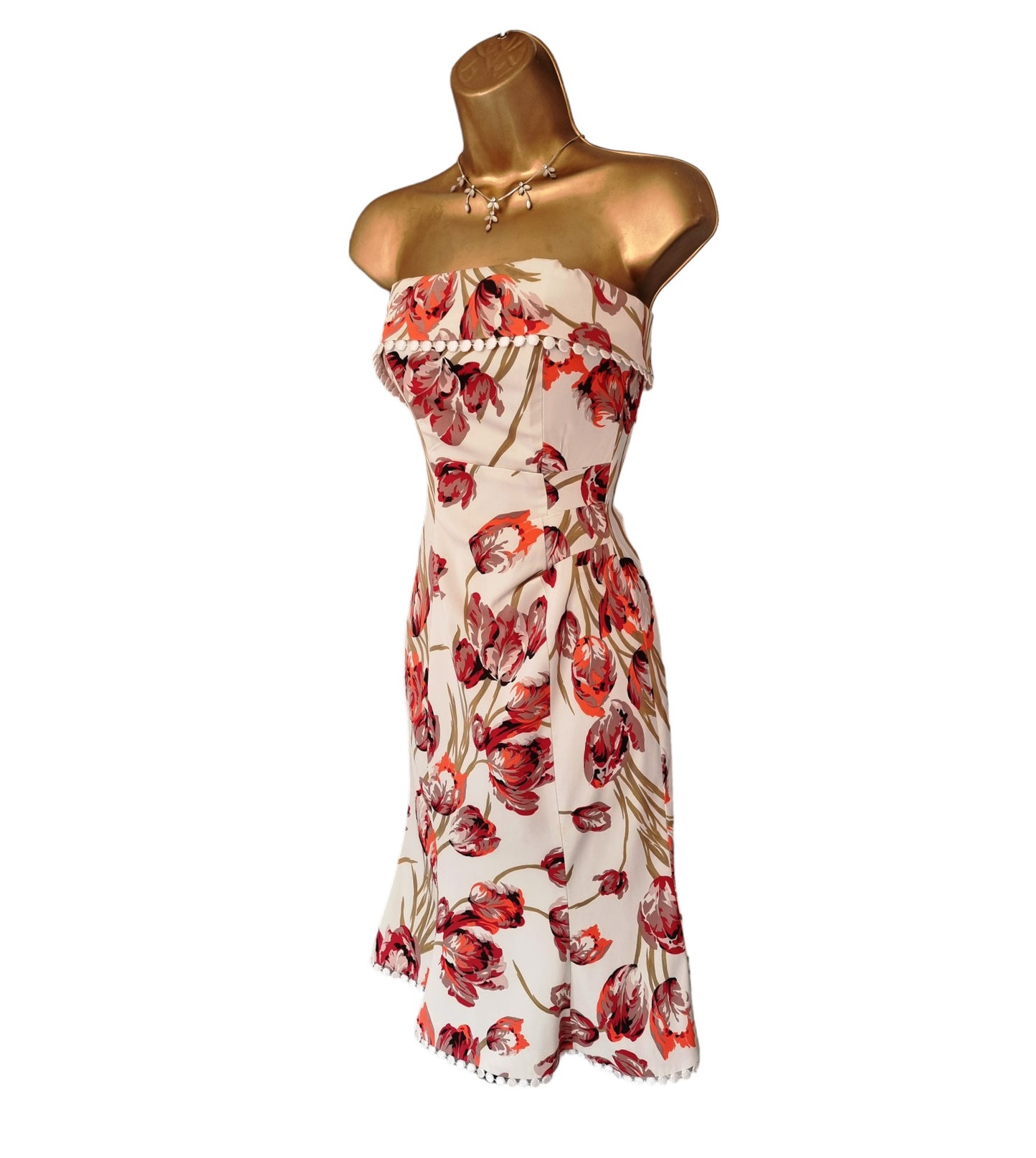 Karen Millen Vintage Ivory Coral Tulip Print Chelsy Corset Dress UK 8 US 4 EU 36 Timeless Fashions