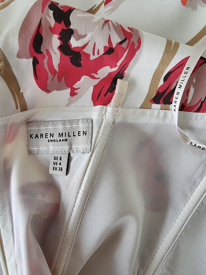 Karen Millen Vintage Ivory Coral Tulip Print Chelsy Corset Dress UK 8 US 4 EU 36 Timeless Fashions