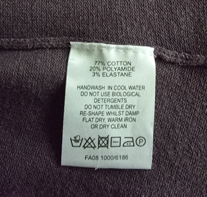Clothing label with fabric composition and care instructions on a dark fabric background
