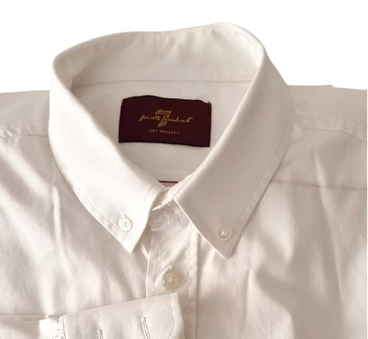 White dress shirt with a brand label on a white background