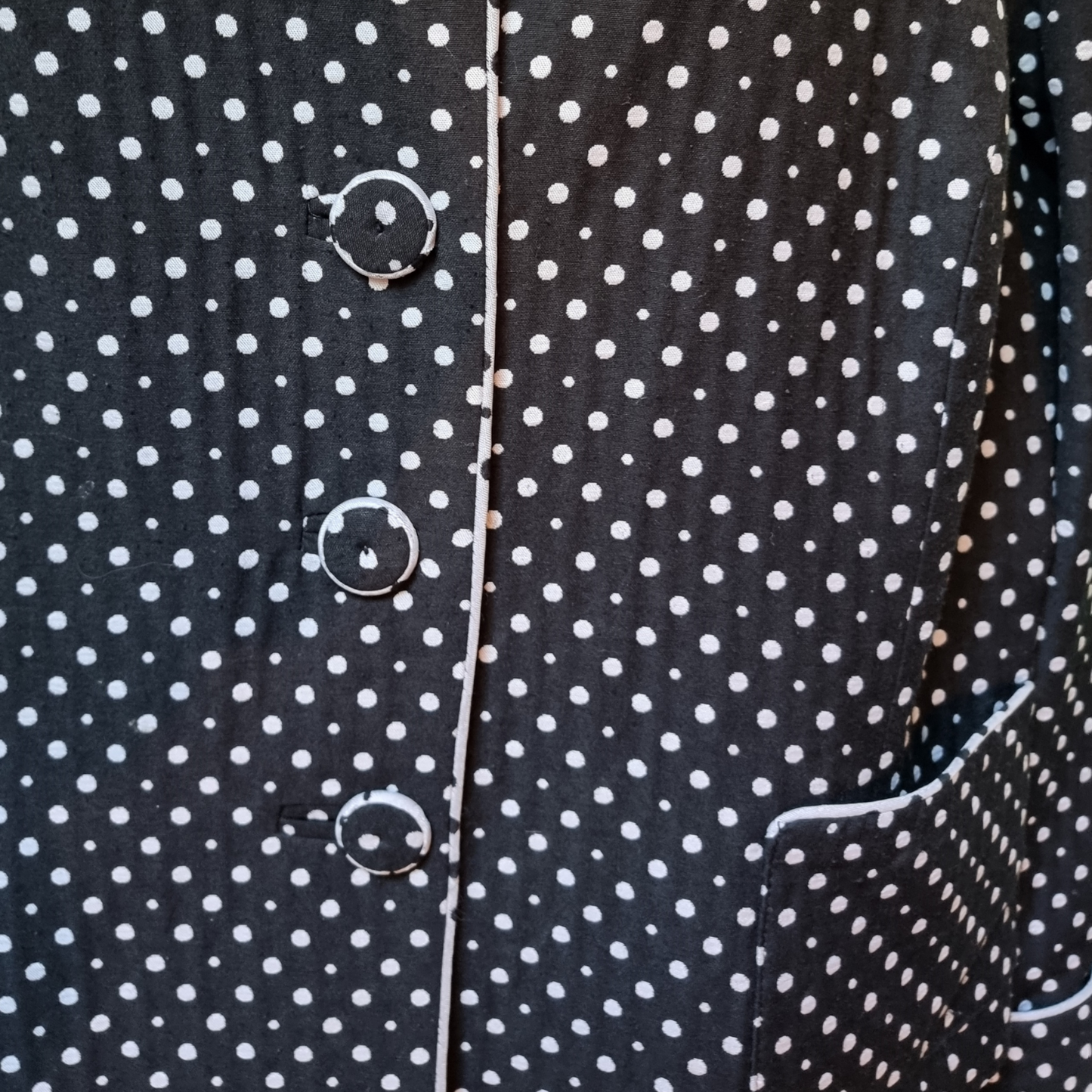 Close-up of a black jacket with white polka dot pattern and buttons.