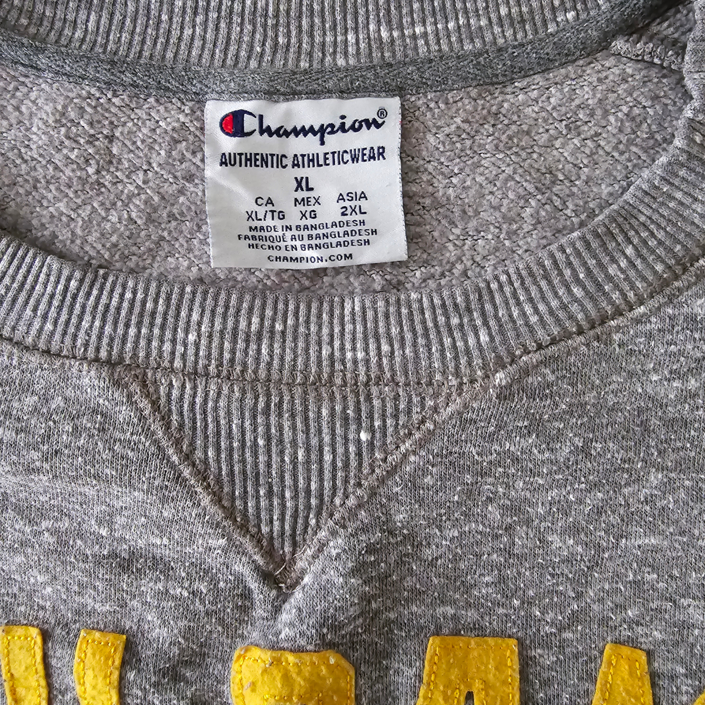 Gray sweatshirt with Champion label and yellow text on a gray background
