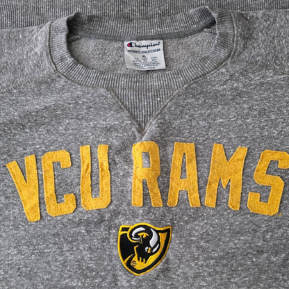Gray sweatshirt with 'VCU Rams' text and logo, featuring Champion brand label.