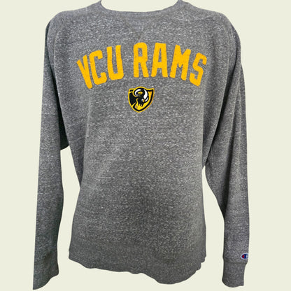 Gray long-sleeve shirt with 'VCU Rams' text and logo on a beige background