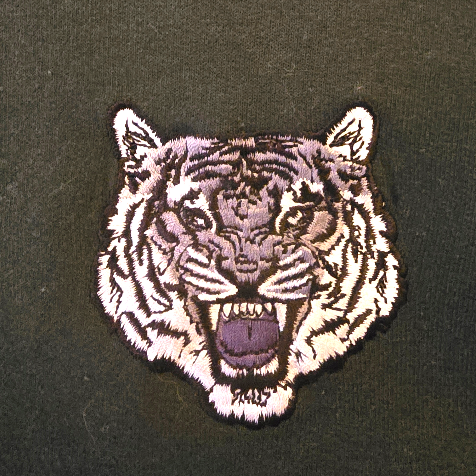 Embroidered tiger patch on a dark background