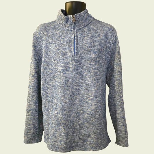 Blue and gray marled pullover on a mannequin against a white background