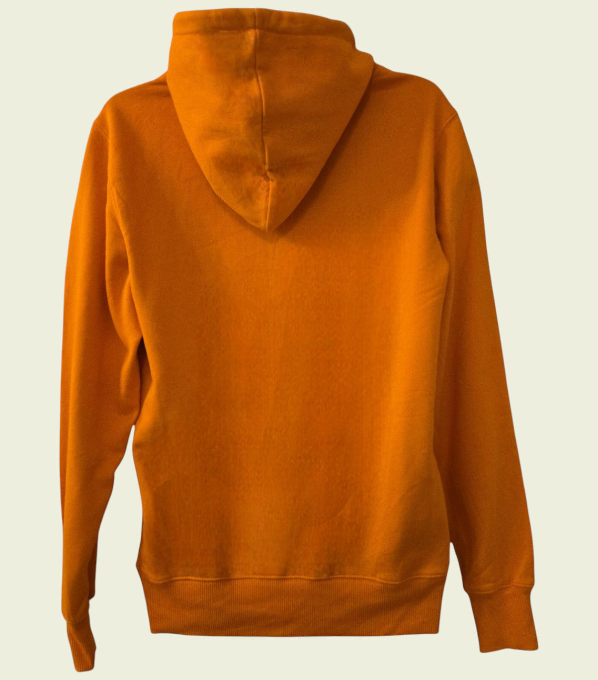 Orange hoodie shown from the back on a beige background